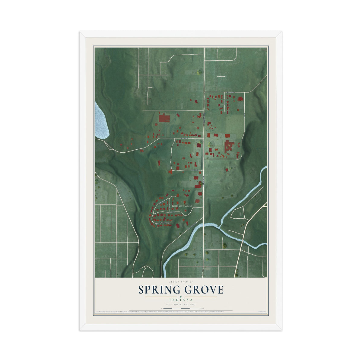 Map of Spring Grove, Indiana, 12 x 18 inch print in a white wood frame