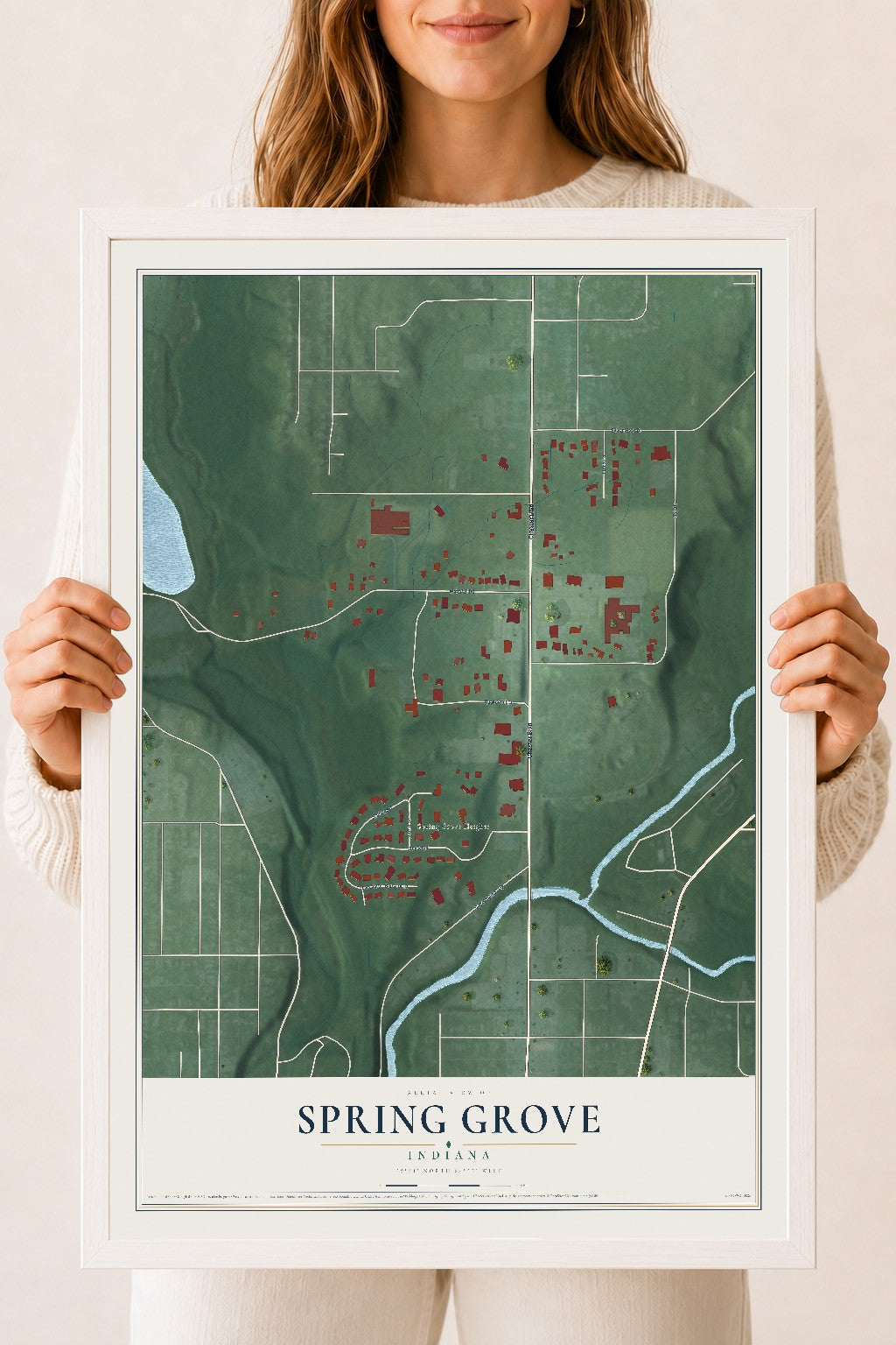 Map of Spring Grove, Indiana, 18 x 24 inch print in a white wood frame