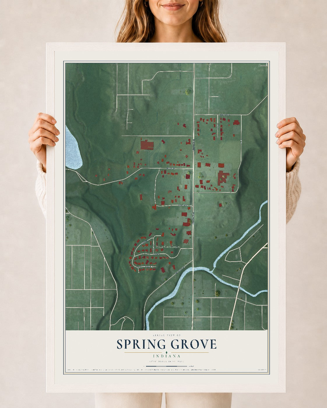 Map of Spring Grove, Indiana, 24 x 36 inch print in a white wood frame
