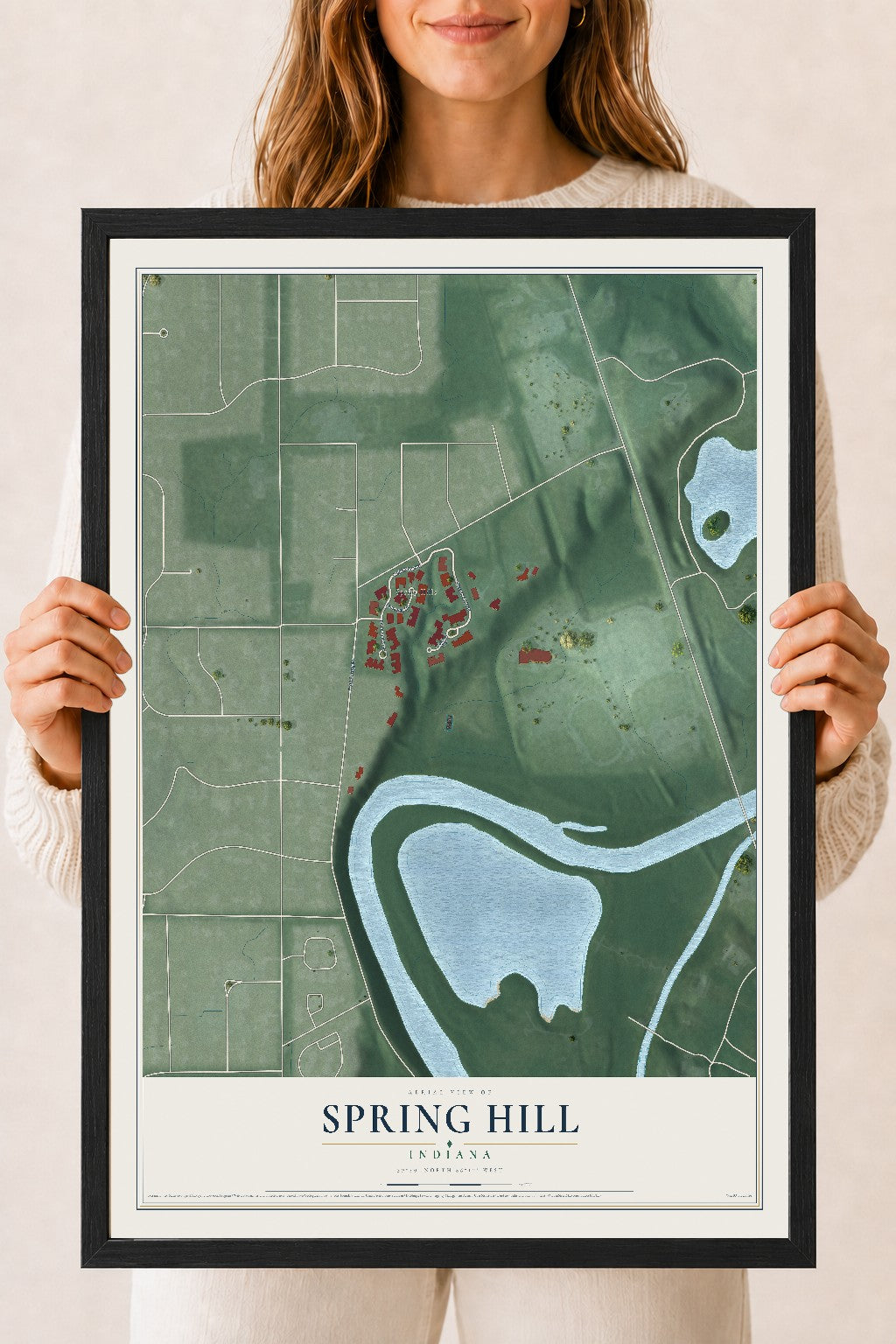 Map of Spring Hill, Indiana, 18 x 24 inch print in a black wood frame