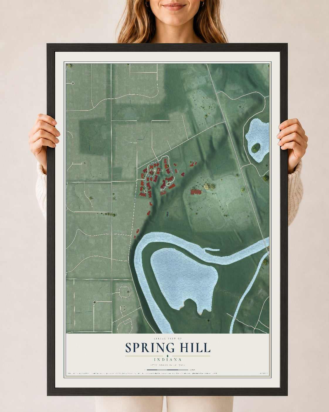 Map of Spring Hill, Indiana, 24 x 36 inch print in a black wood frame