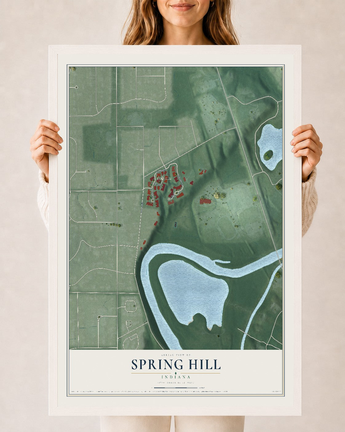 Map of Spring Hill, Indiana, 24 x 36 inch print in a white wood frame