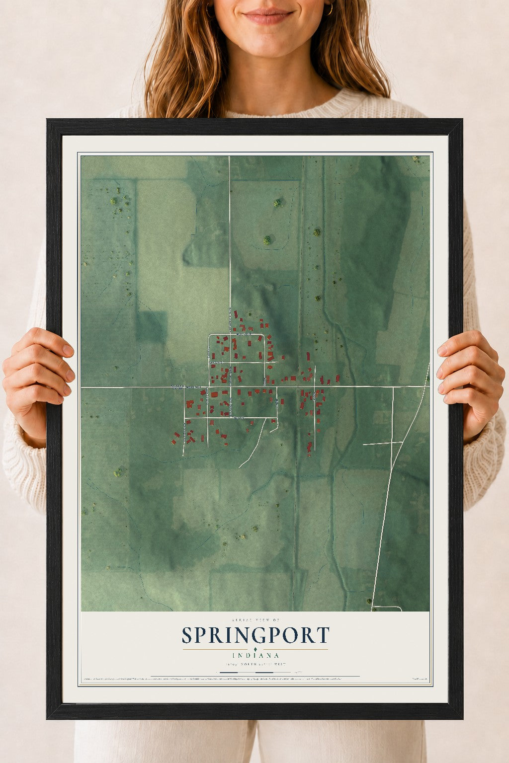 Map of Springport, Indiana, 18 x 24 inch print in a black wood frame
