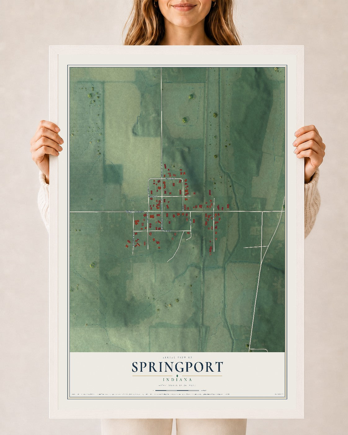 Map of Springport, Indiana, 24 x 36 inch print in a white wood frame
