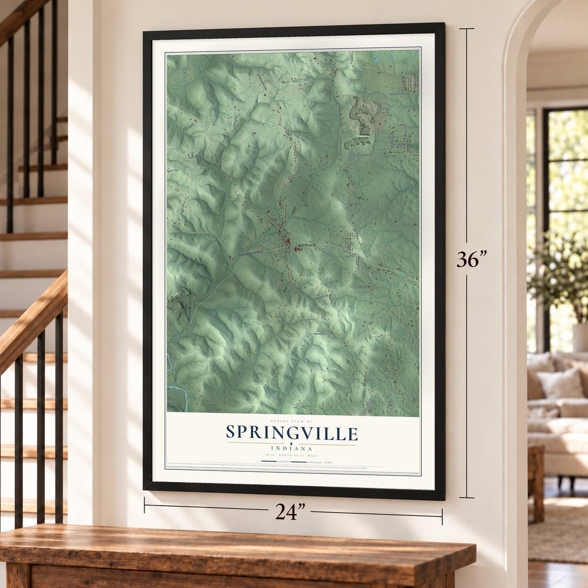 Springville, Indiana map, 24 x 36 inch print in a black frame by a staircase