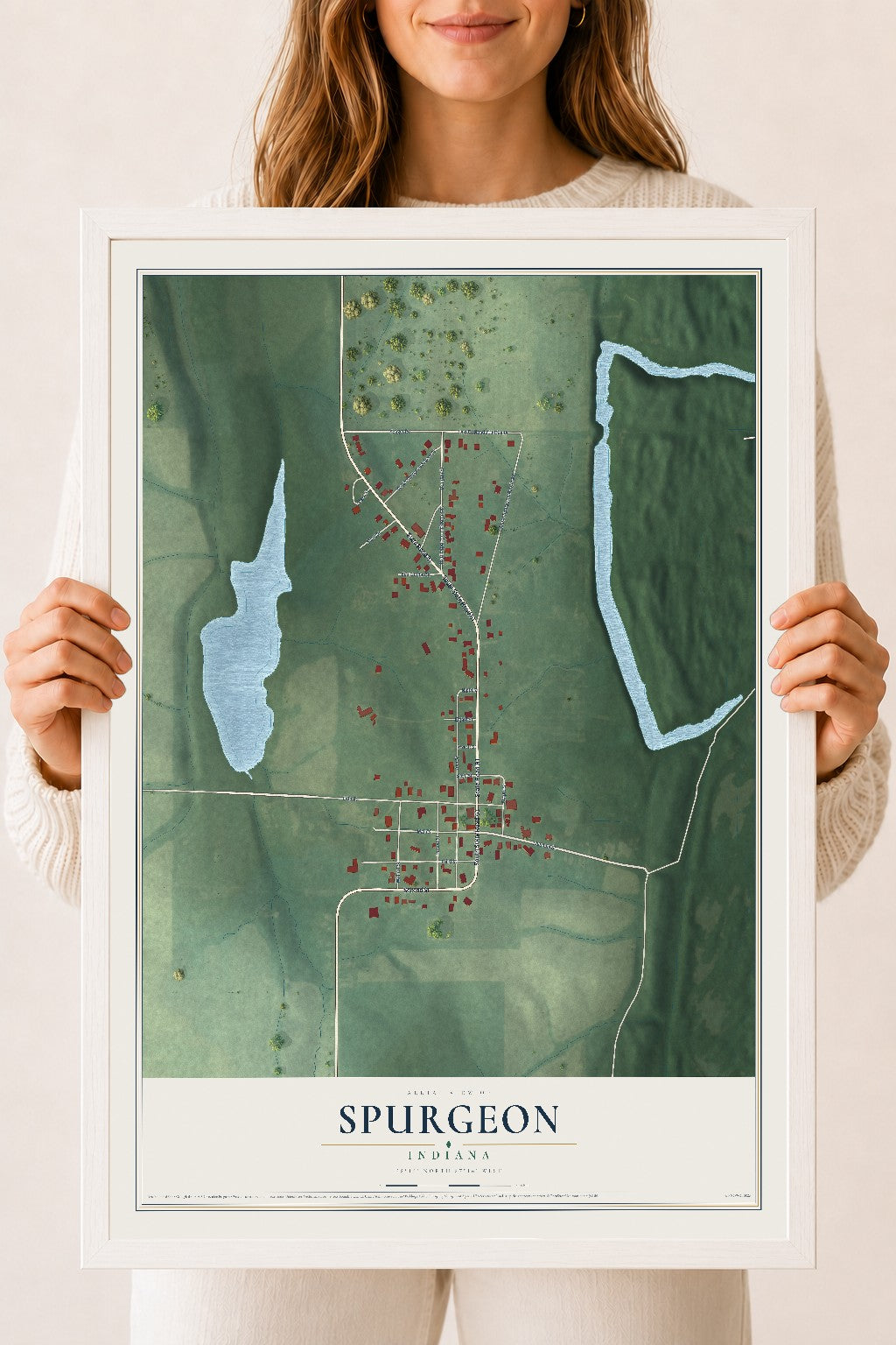 Map of Spurgeon, Indiana, 18 x 24 inch print in a white wood frame