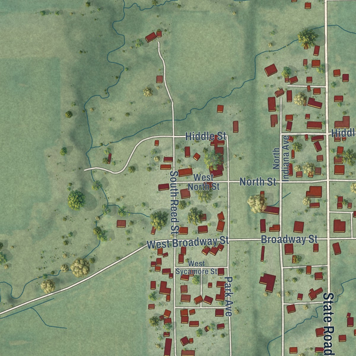 Close-up of the map of St. Bernice, Indiana print showing street and building detail