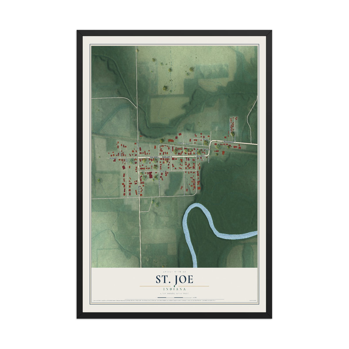 Map of St. Joe, Indiana, 12 x 18 inch print in a black wood frame