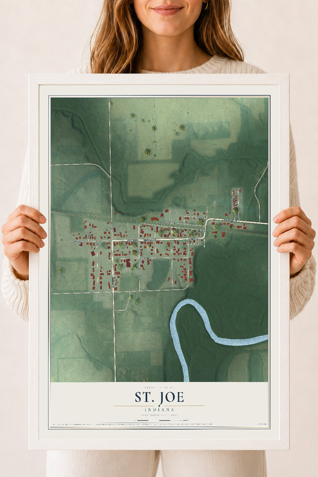 Map of St. Joe, Indiana, 18 x 24 inch print in a white wood frame