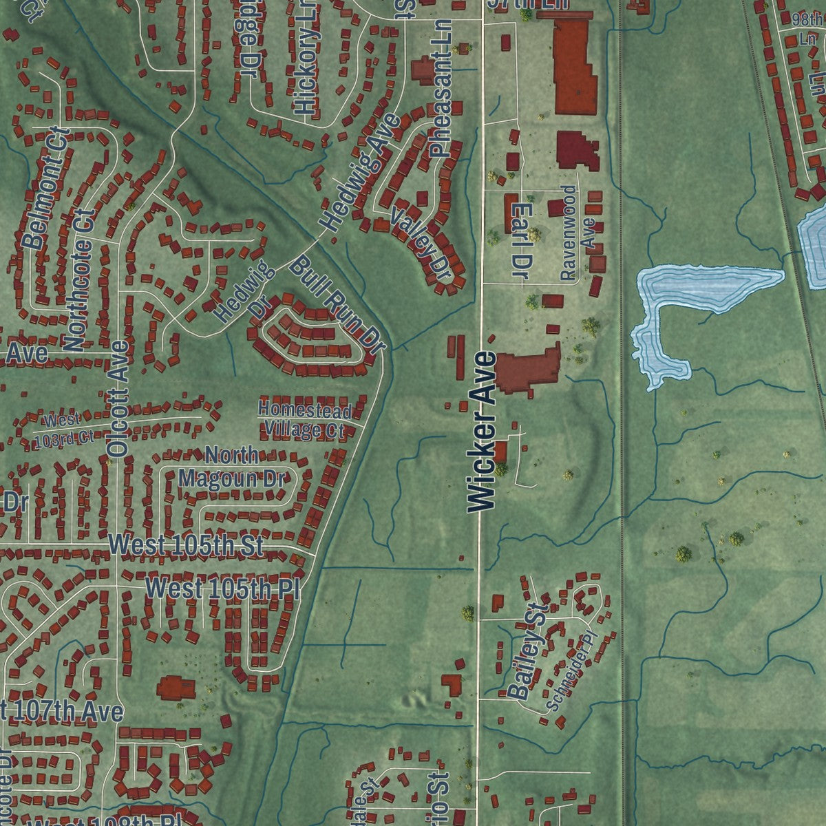 Close-up of the map of St. John, Indiana print showing street and building detail