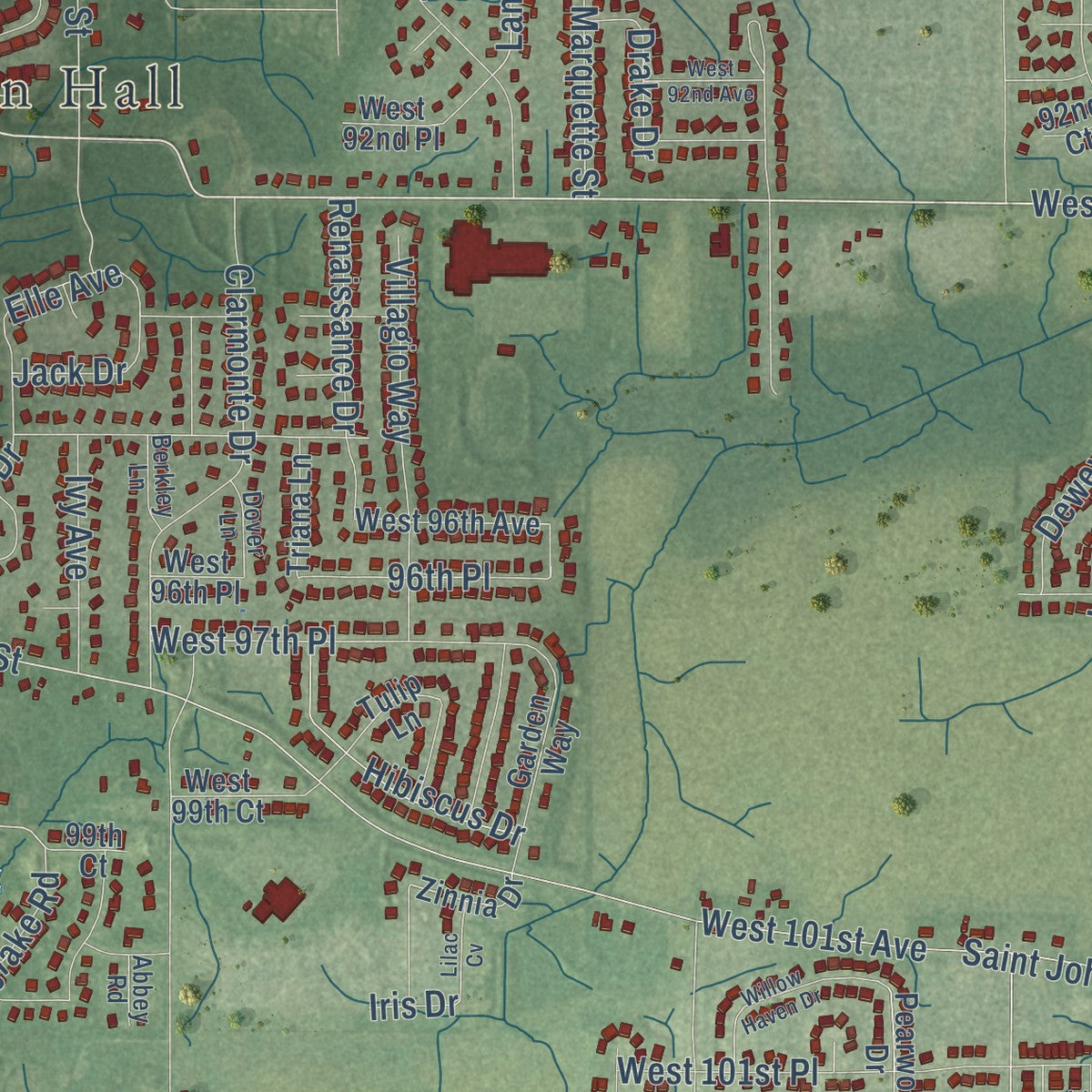 Second close-up of the map of St. John, Indiana print showing more streets and buildings
