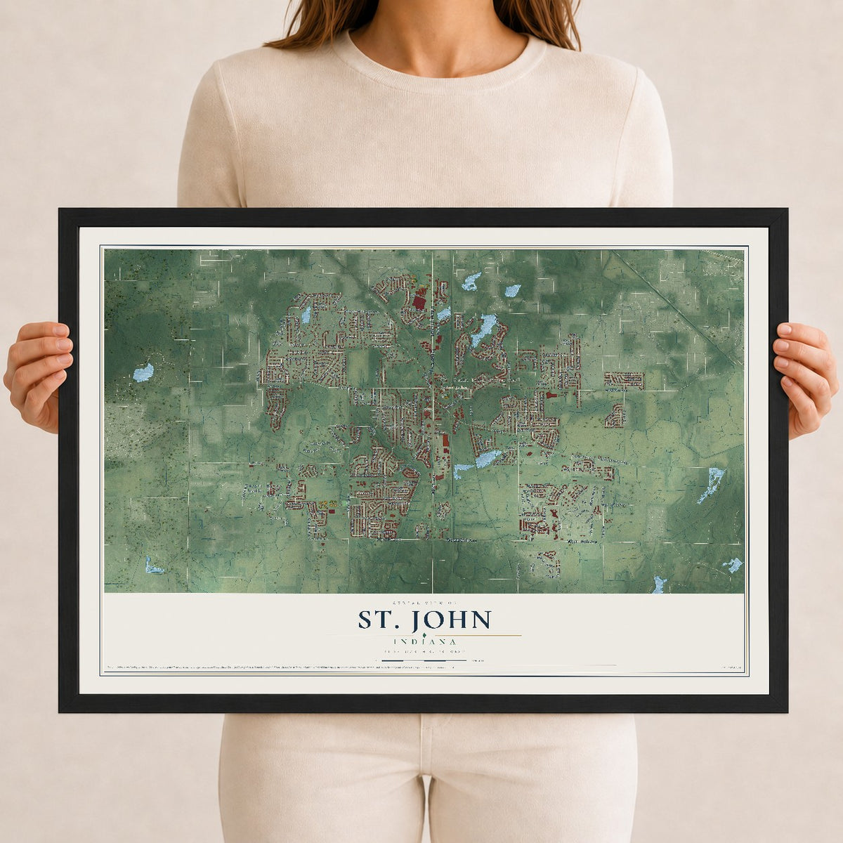Map of St. John, Indiana, 12 x 18 inch print in a black wood frame