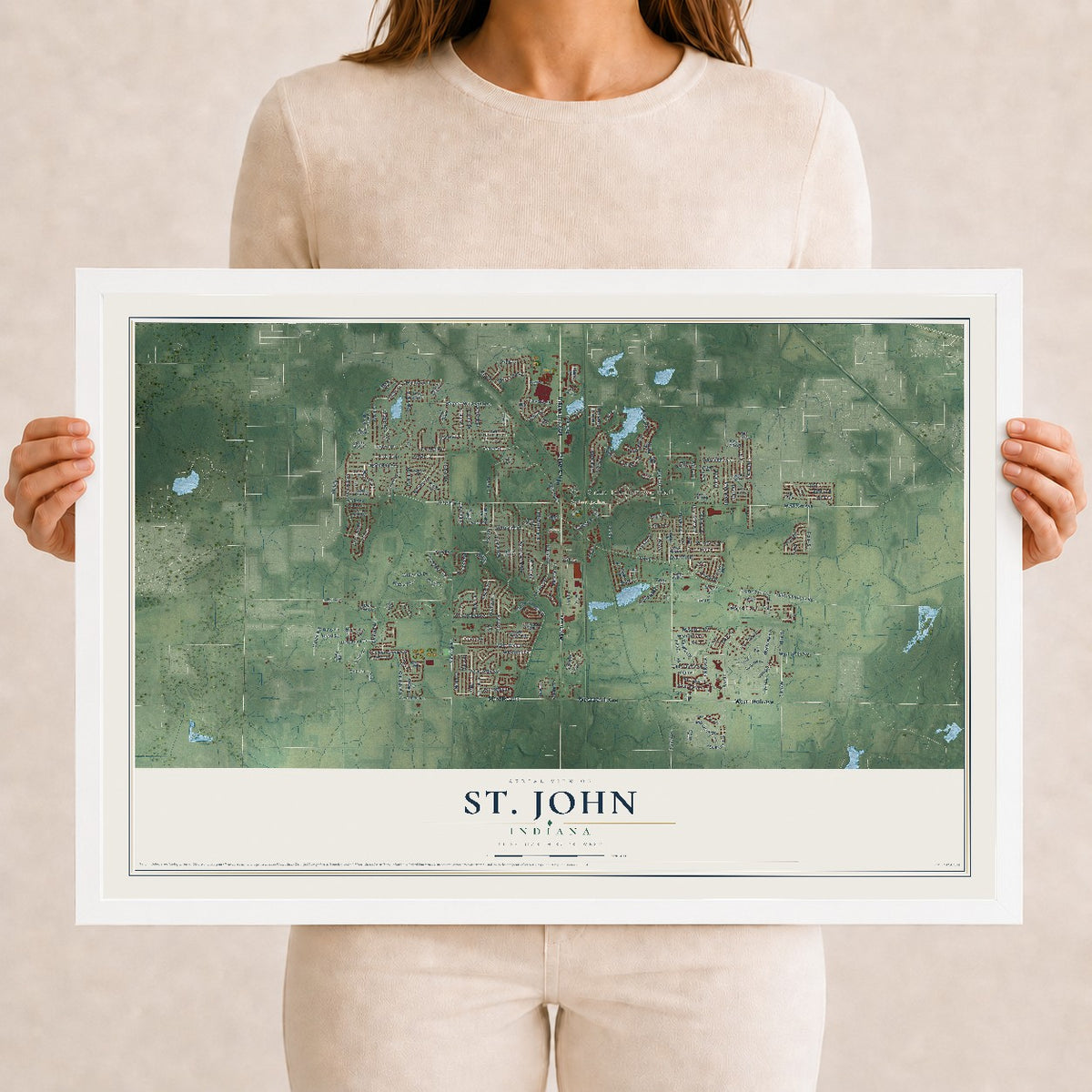 Map of St. John, Indiana, 12 x 18 inch print in a white wood frame
