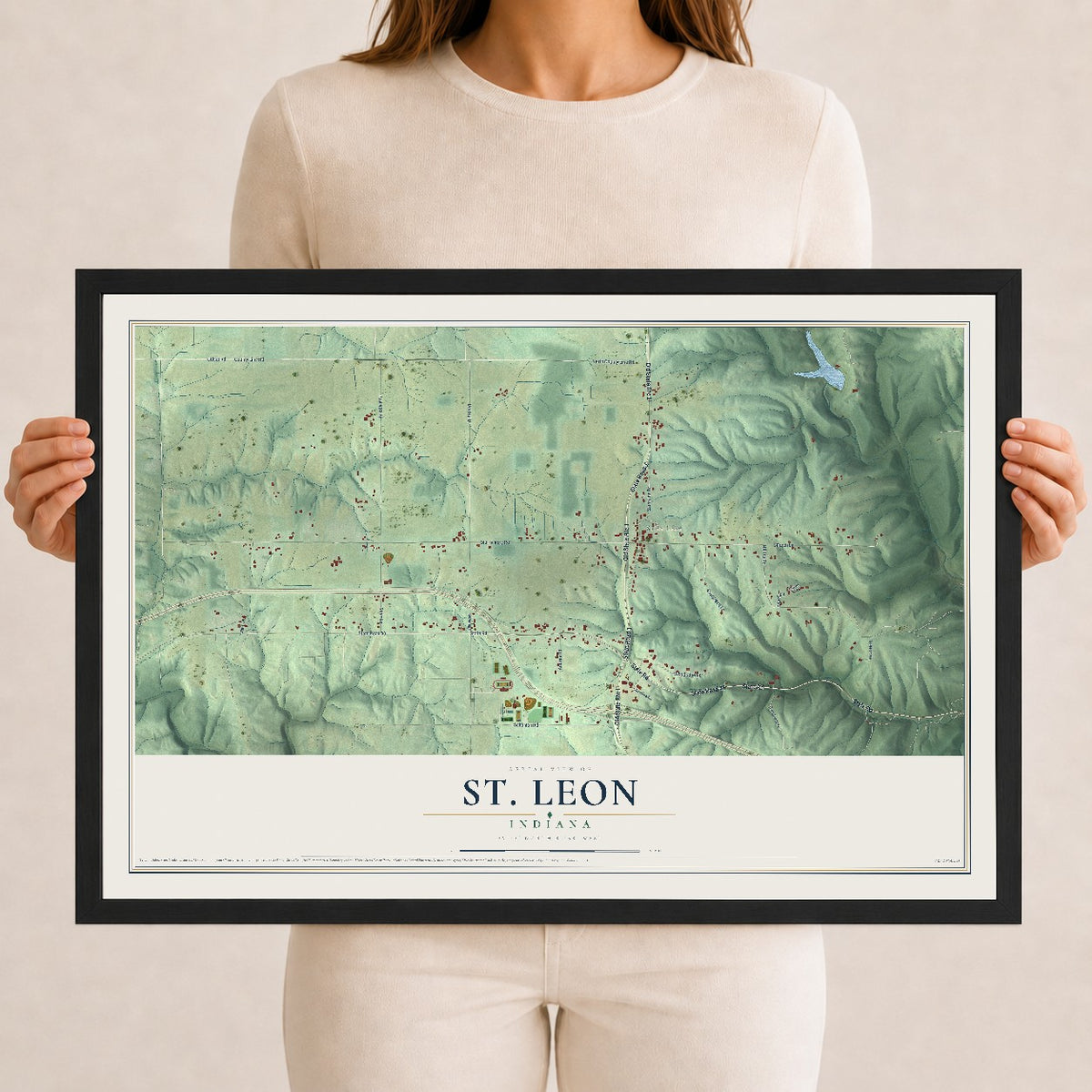Map of St. Leon, Indiana, 12 x 18 inch print in a black wood frame