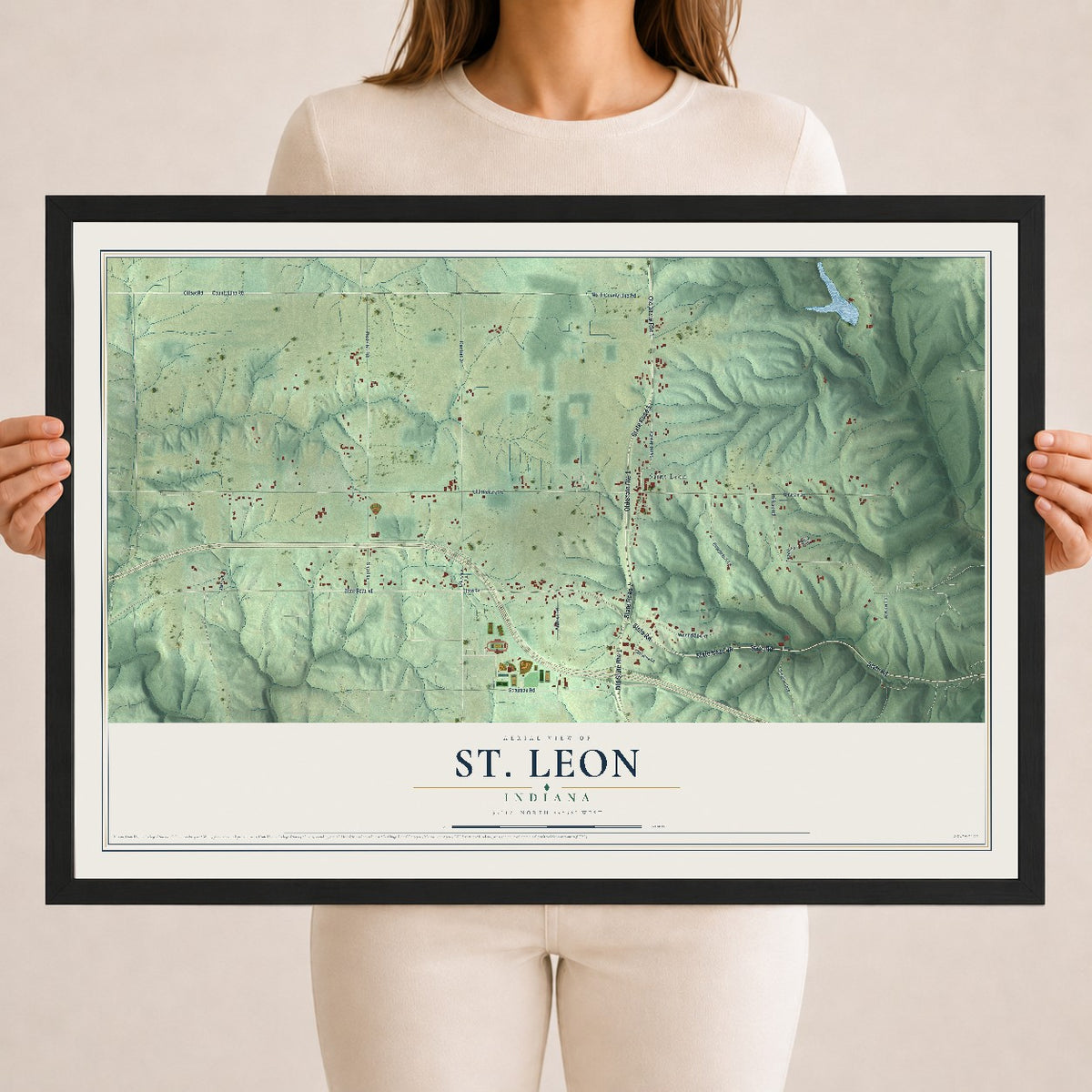 Map of St. Leon, Indiana, 18 x 24 inch print in a black wood frame