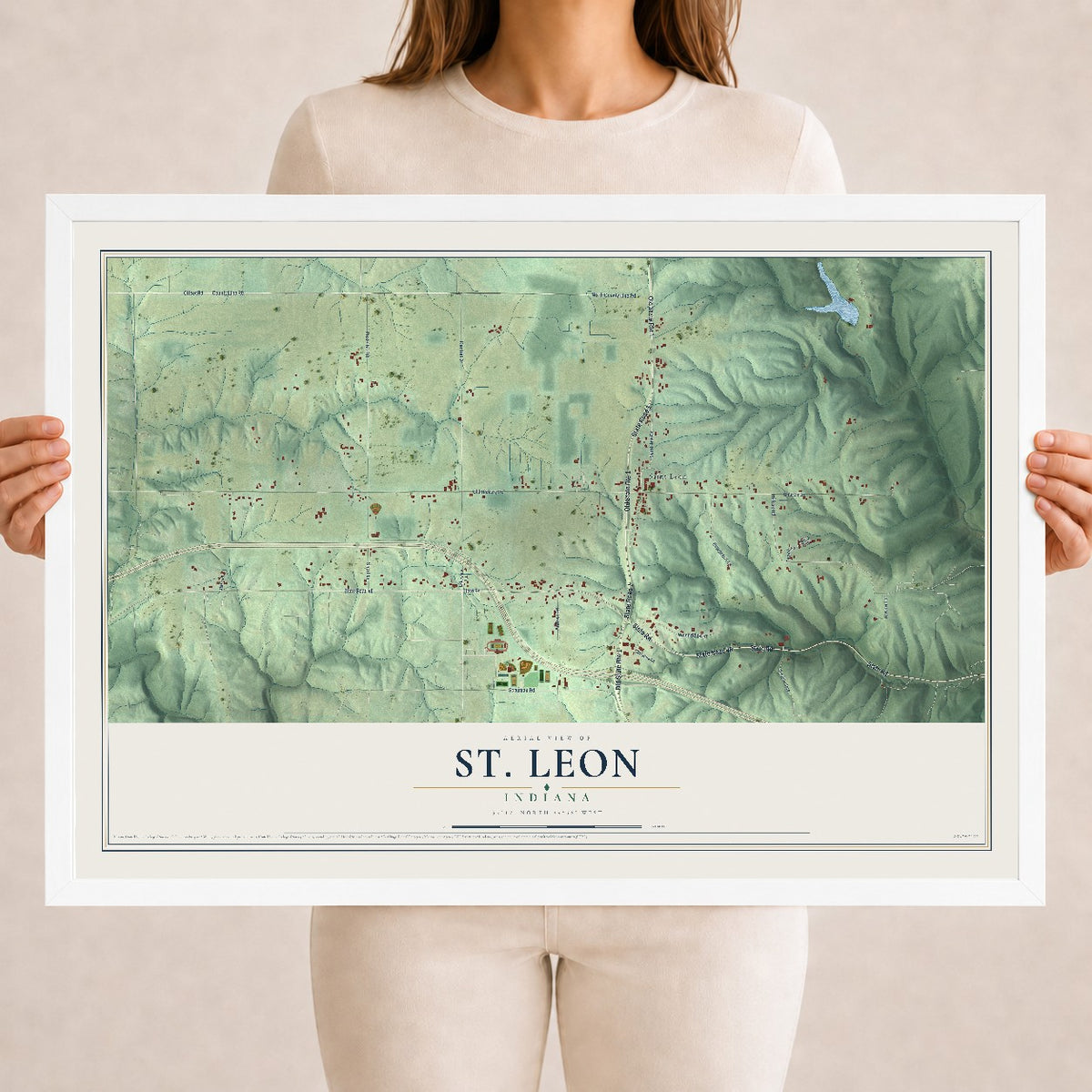 Map of St. Leon, Indiana, 18 x 24 inch print in a white wood frame
