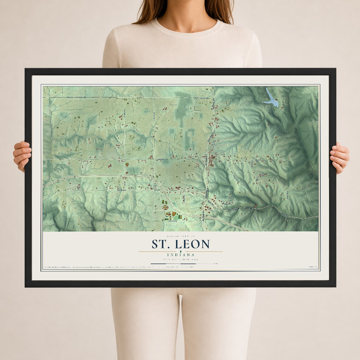 Map of St. Leon, Indiana, 24 x 36 inch print in a black wood frame