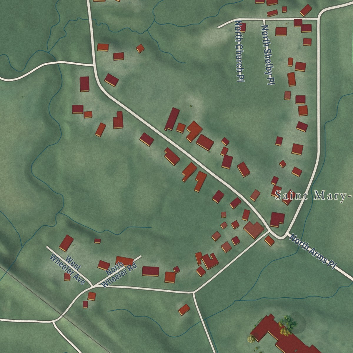 Close-up of the map of St. Mary of the Woods, Indiana print showing street and building detail
