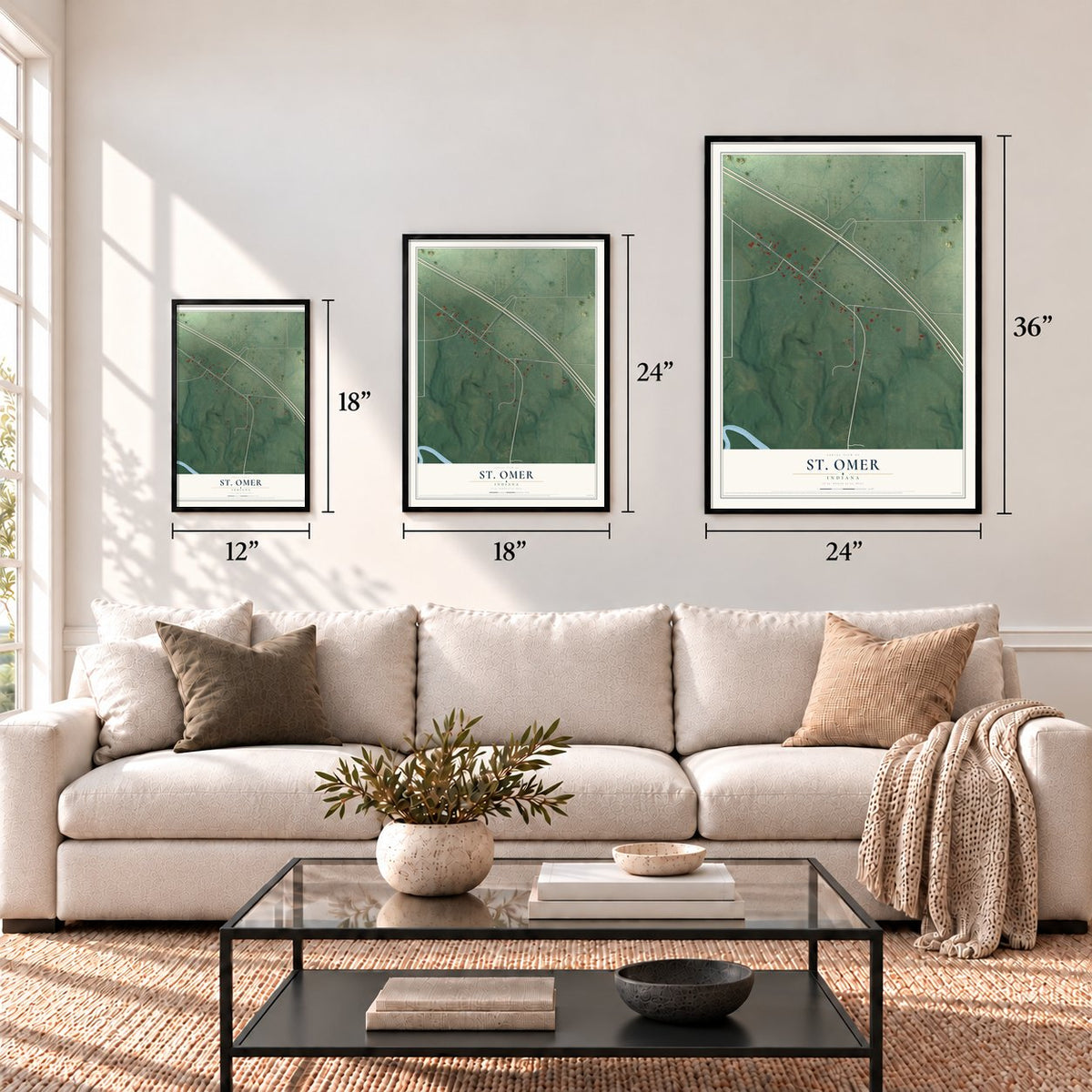 St. Omer, Indiana map in 12 x 18, 18 x 24 and 24 x 36 inch sizes above a sofa