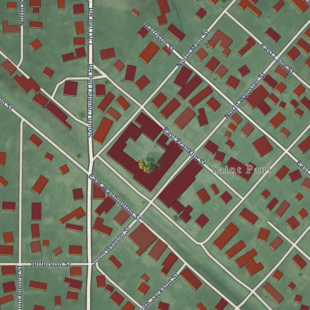 Close-up of the map of St. Paul, Indiana print showing street and building detail