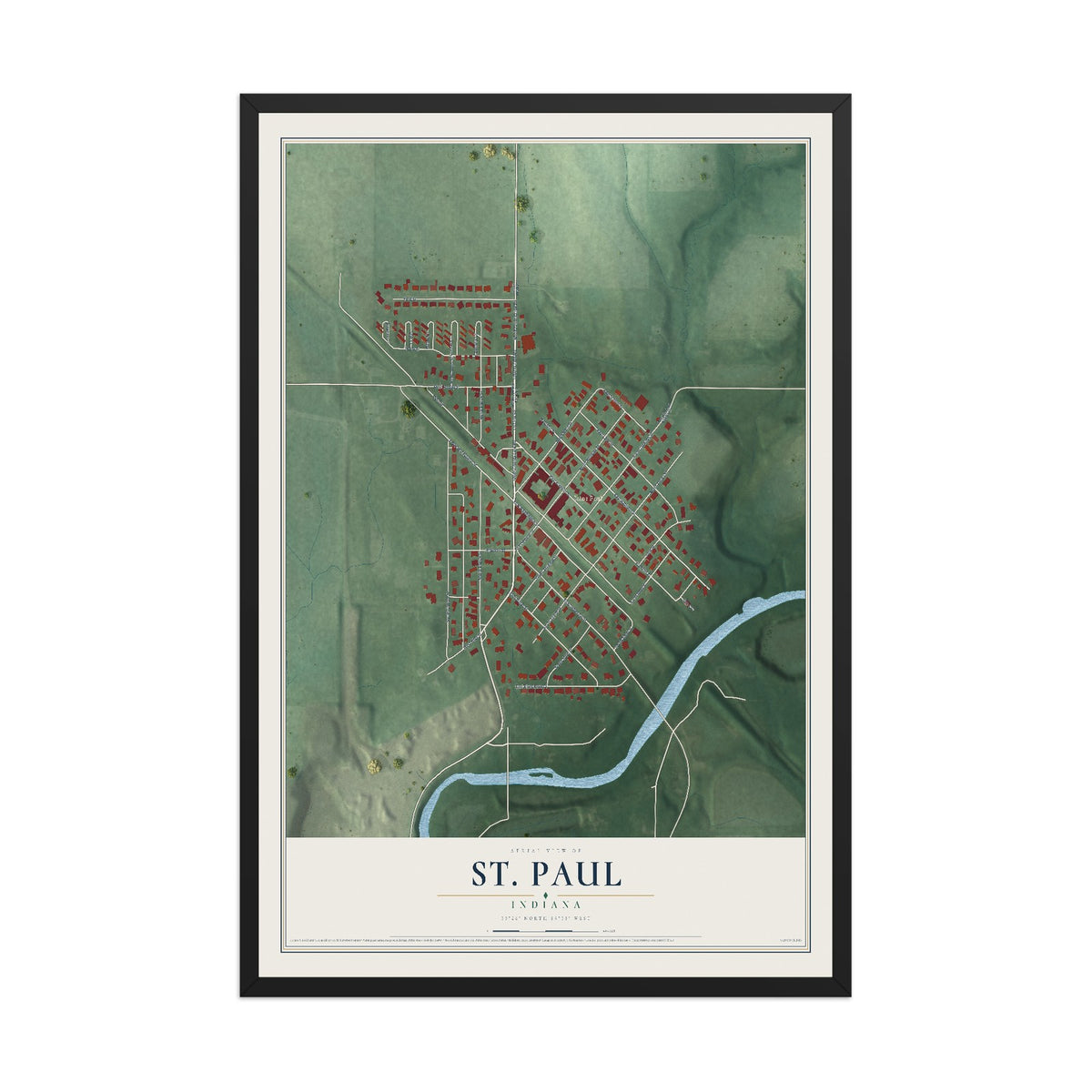 Map of St. Paul, Indiana, 12 x 18 inch print in a black wood frame