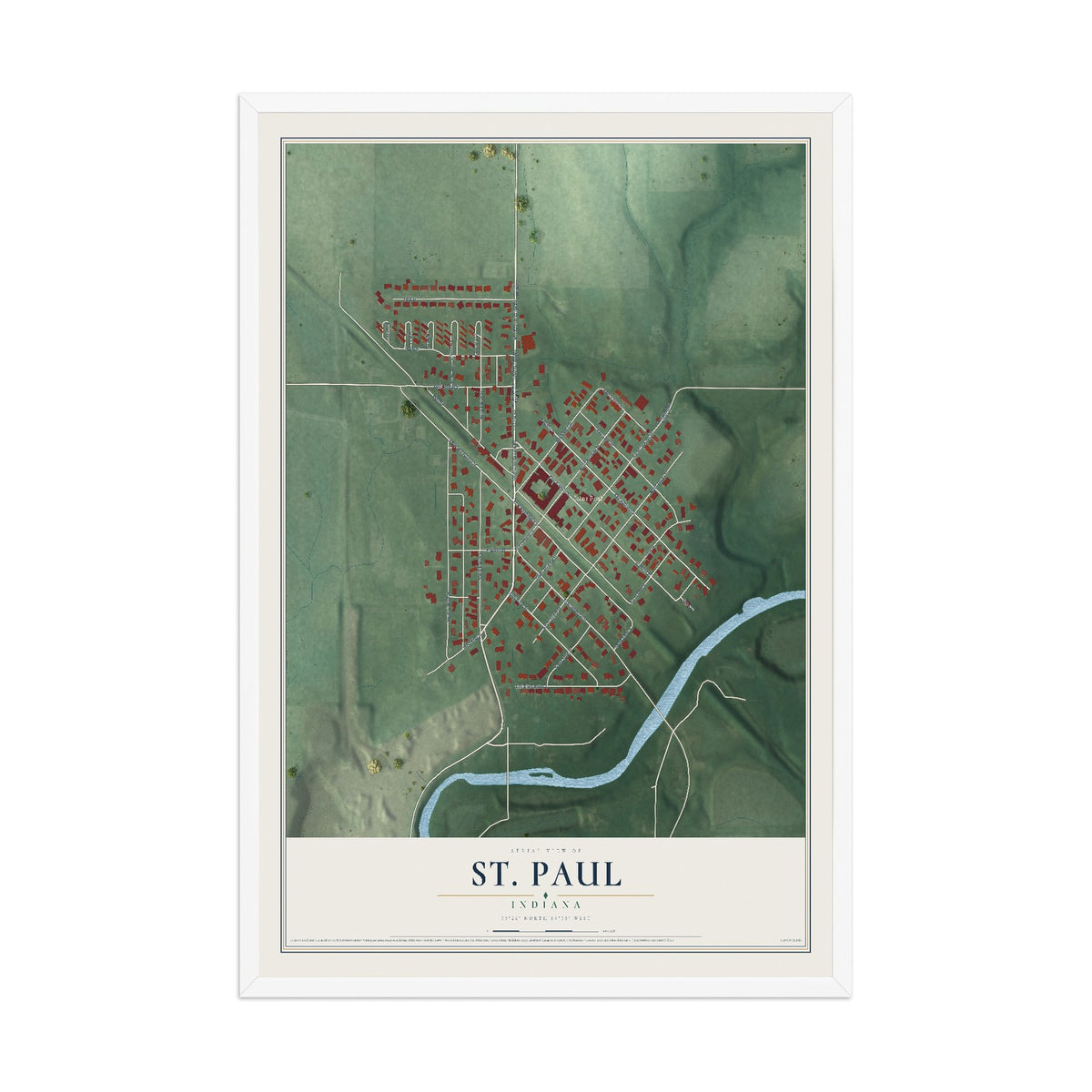 Map of St. Paul, Indiana, 12 x 18 inch print in a white wood frame
