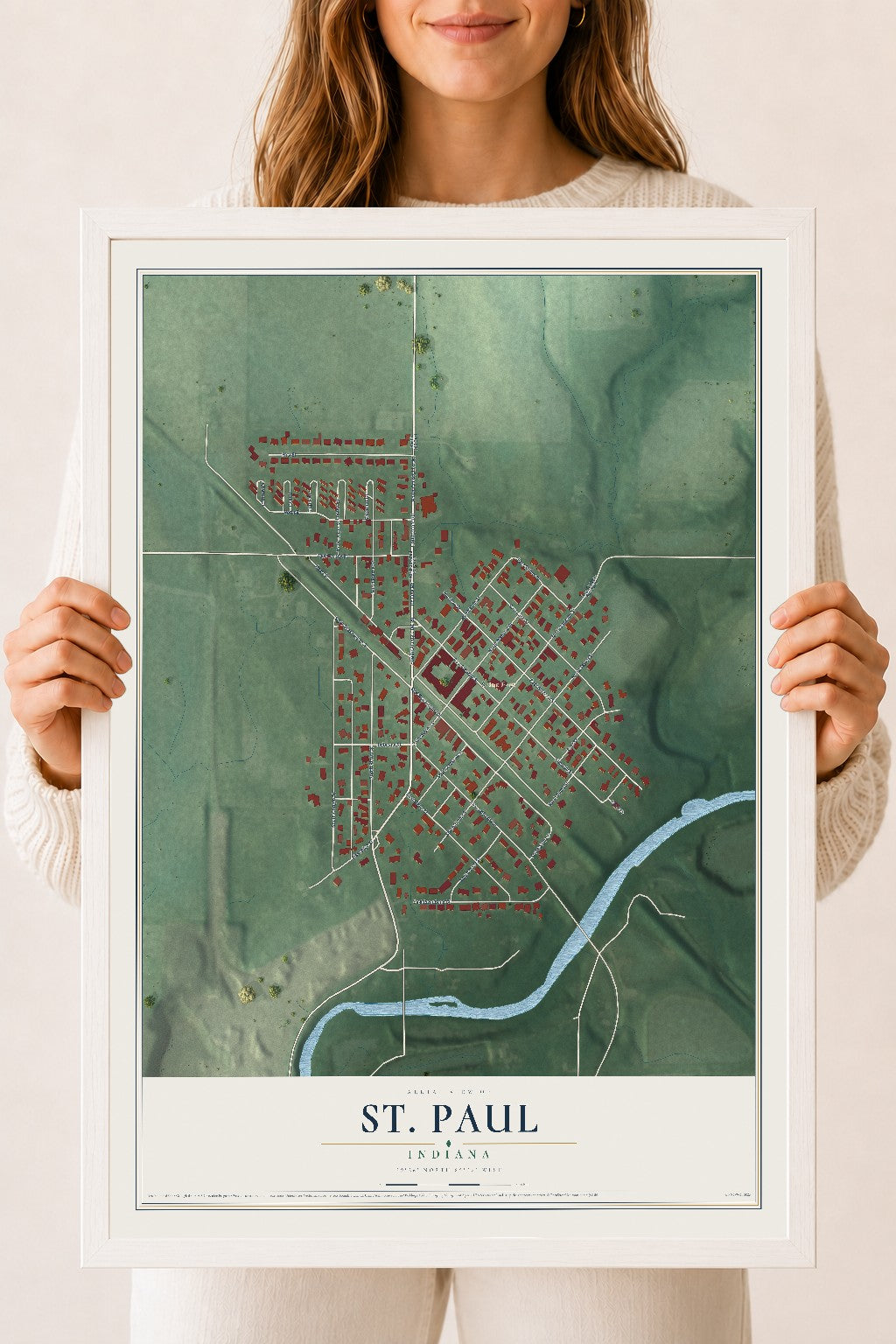 Map of St. Paul, Indiana, 18 x 24 inch print in a white wood frame