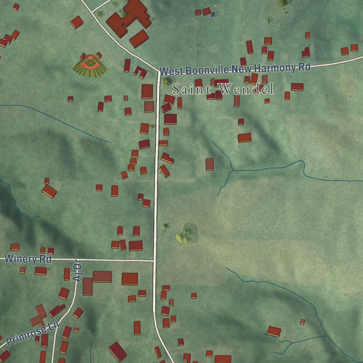 Close-up of the map of St. Wendel, Indiana print showing street and building detail