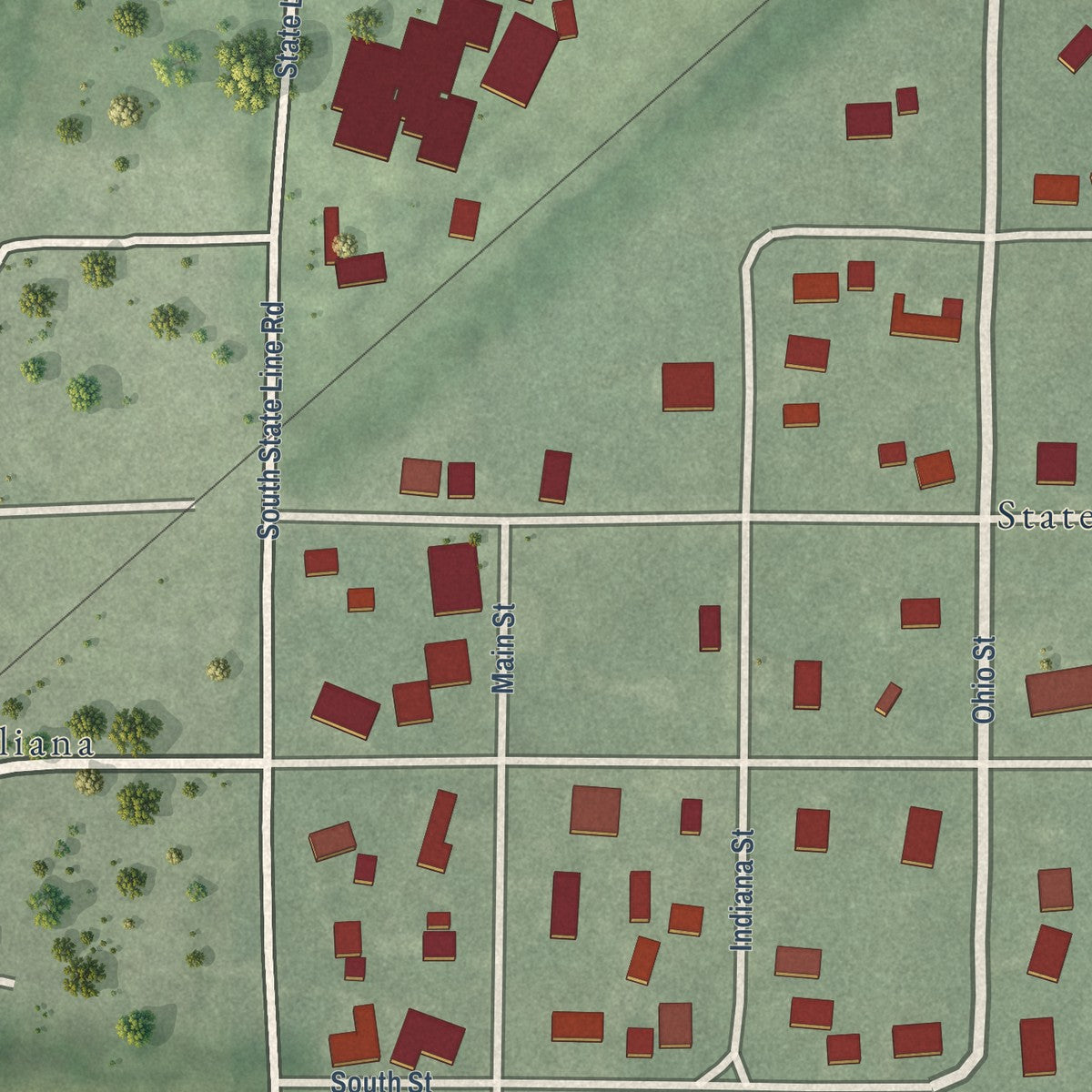 Close-up of the map of State Line City, Indiana print showing street and building detail