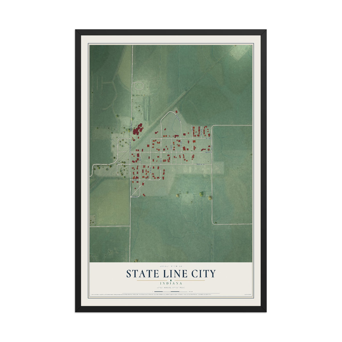 Map of State Line City, Indiana, 12 x 18 inch print in a black wood frame