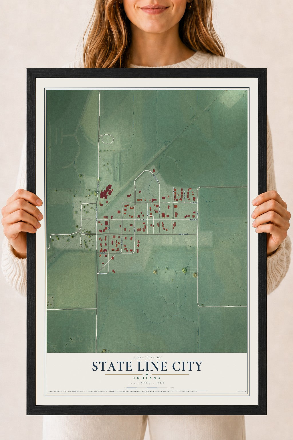 Map of State Line City, Indiana, 18 x 24 inch print in a black wood frame
