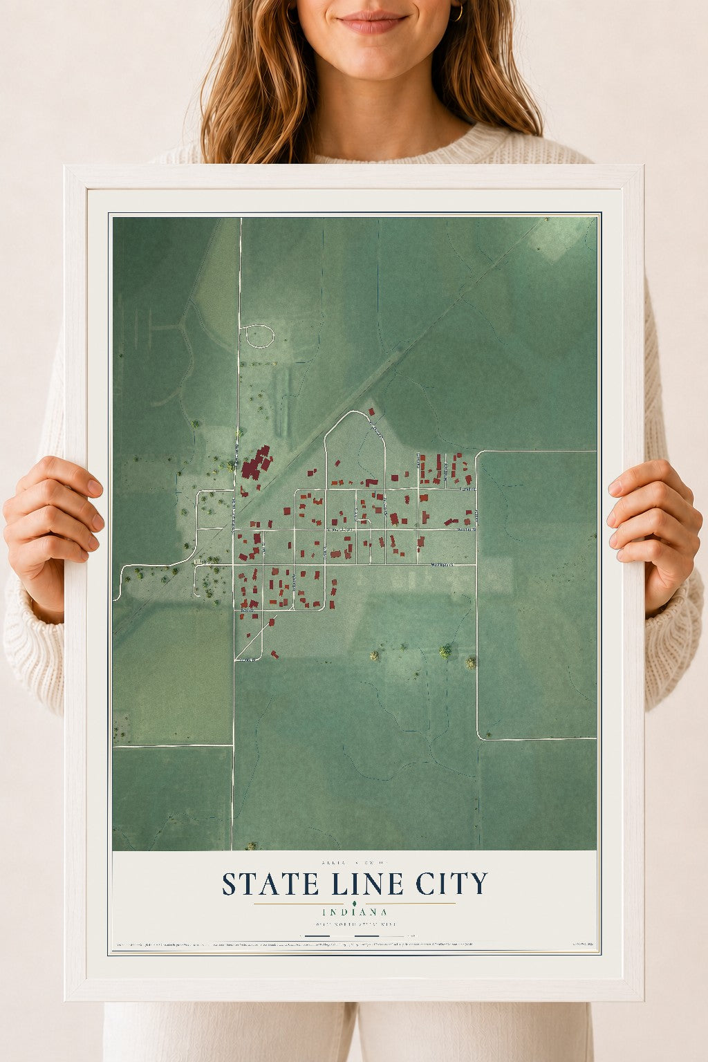 Map of State Line City, Indiana, 18 x 24 inch print in a white wood frame