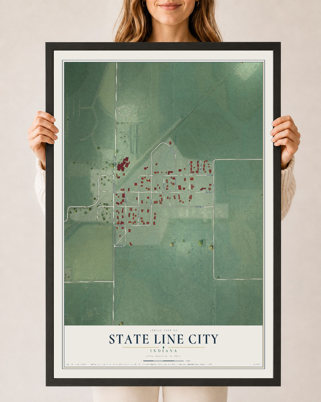 Map of State Line City, Indiana, 24 x 36 inch print in a black wood frame