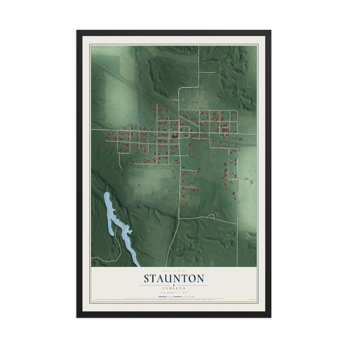 Map of Staunton, Indiana, 12 x 18 inch print in a black wood frame