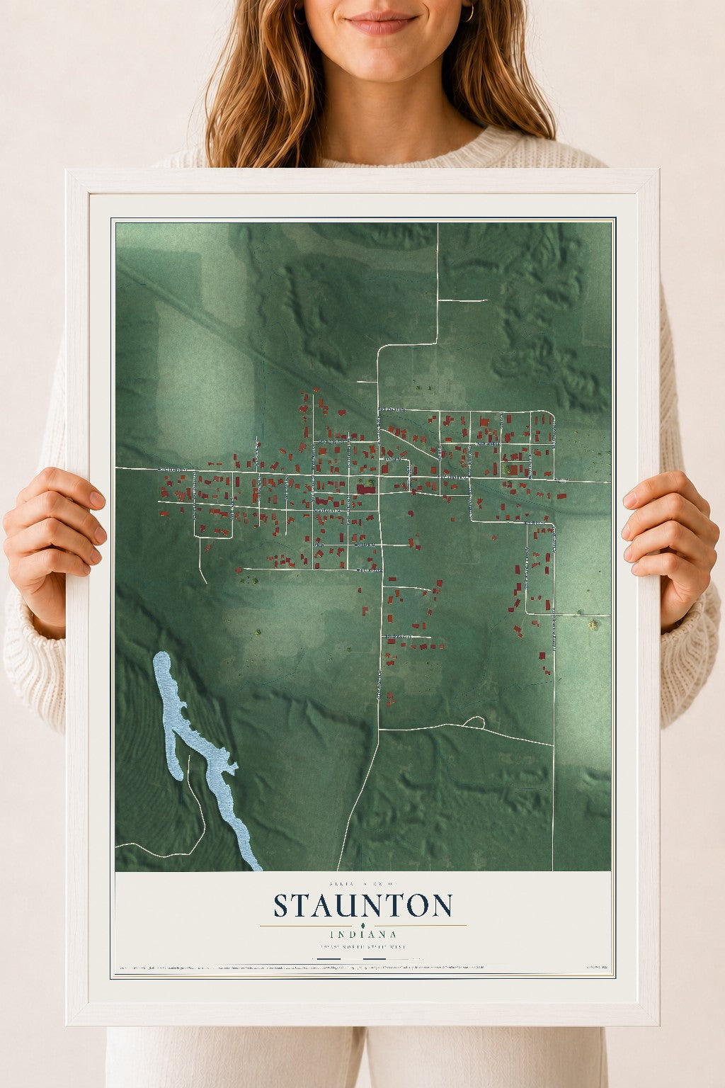Map of Staunton, Indiana, 18 x 24 inch print in a white wood frame