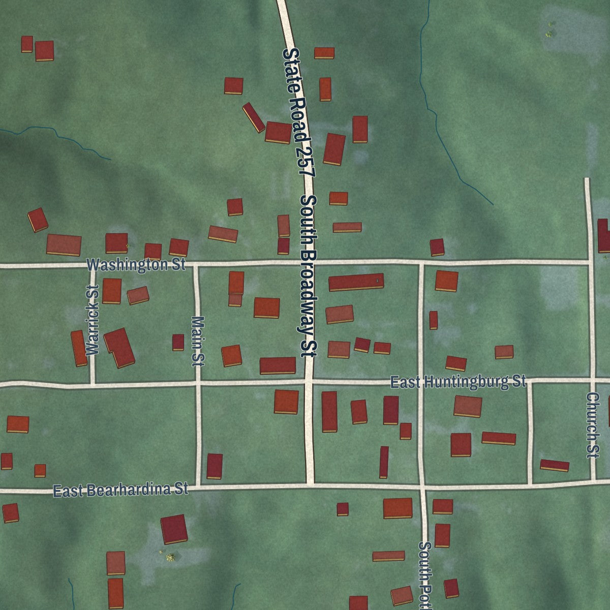 Close-up of the map of Stendal, Indiana print showing street and building detail