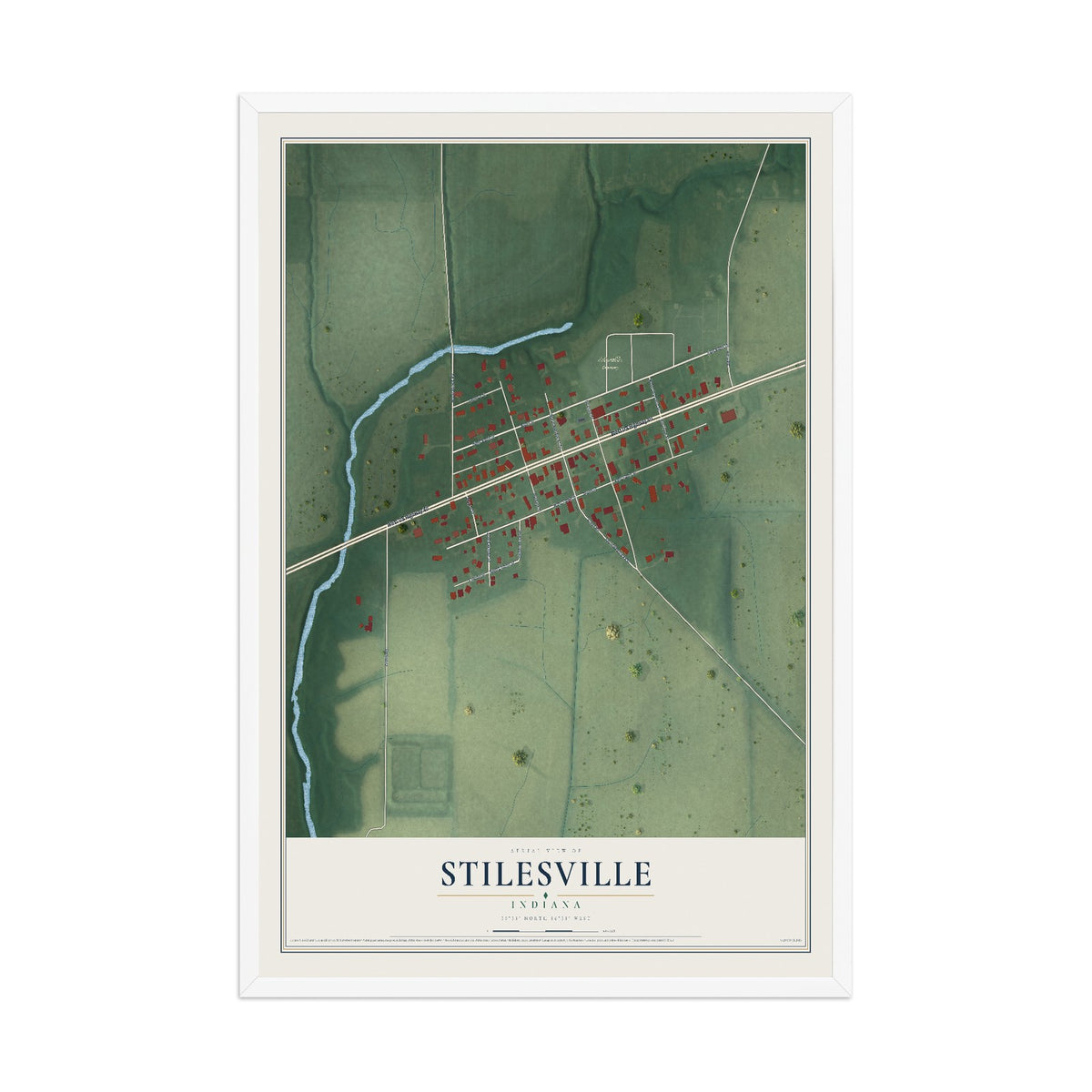 Map of Stilesville, Indiana, 12 x 18 inch print in a white wood frame