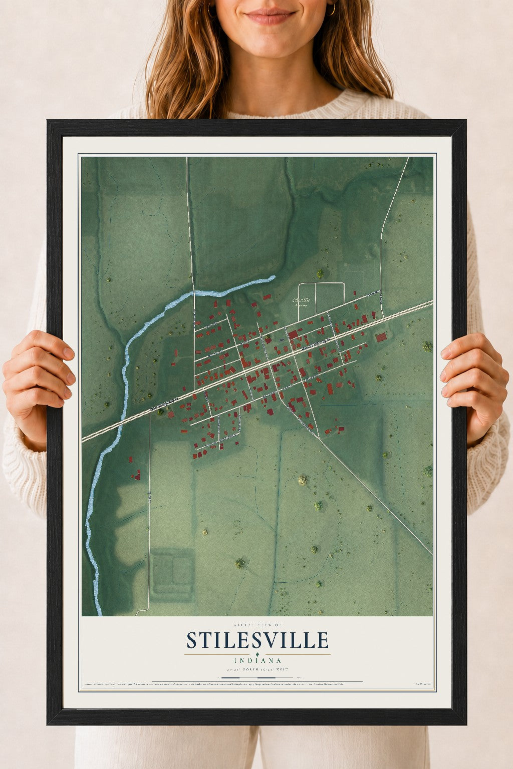 Map of Stilesville, Indiana, 18 x 24 inch print in a black wood frame
