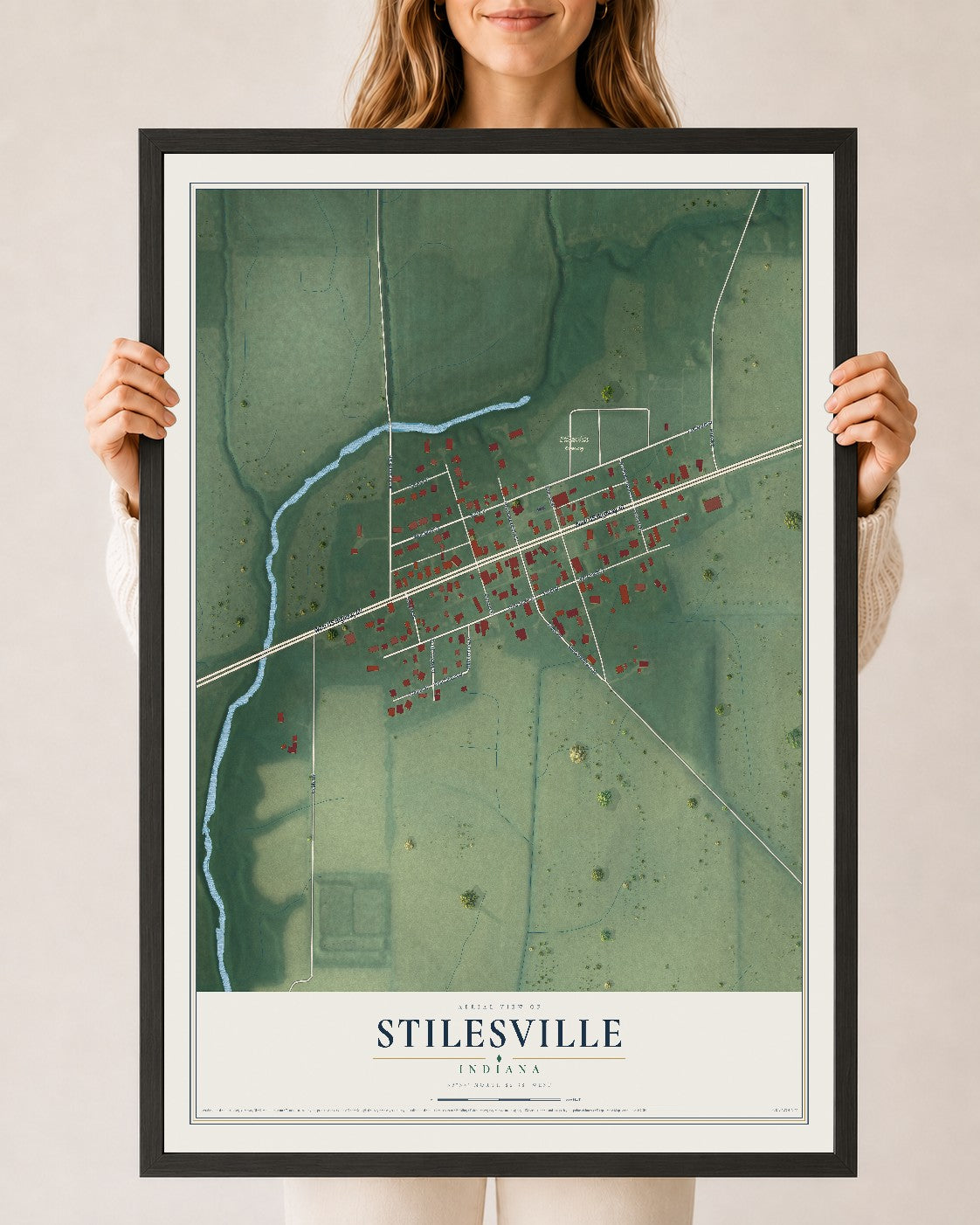 Map of Stilesville, Indiana, 24 x 36 inch print in a black wood frame