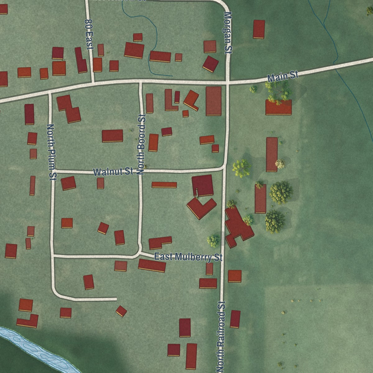 Close-up of the map of Stone Bluff, Indiana print showing street and building detail