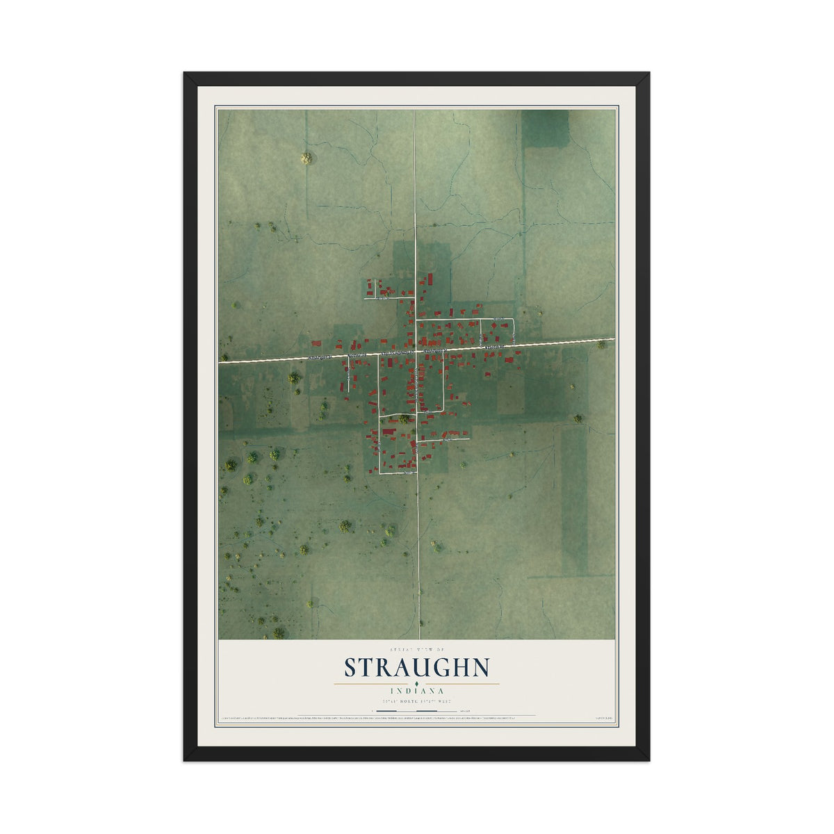 Map of Straughn, Indiana, 12 x 18 inch print in a black wood frame