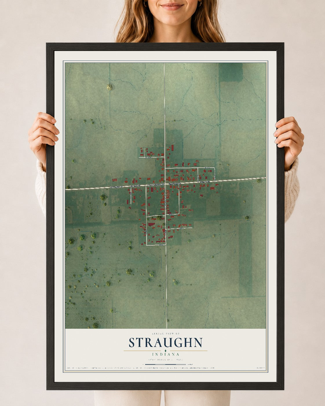 Map of Straughn, Indiana, 24 x 36 inch print in a black wood frame