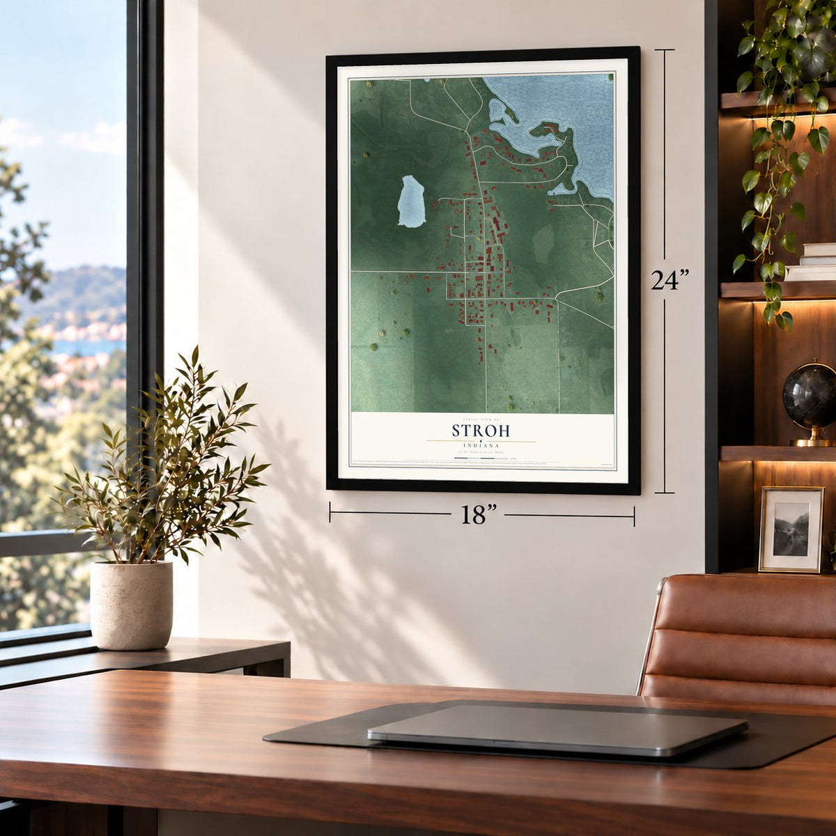 Stroh, Indiana map, 18 x 24 inch print in a black frame in a home office
