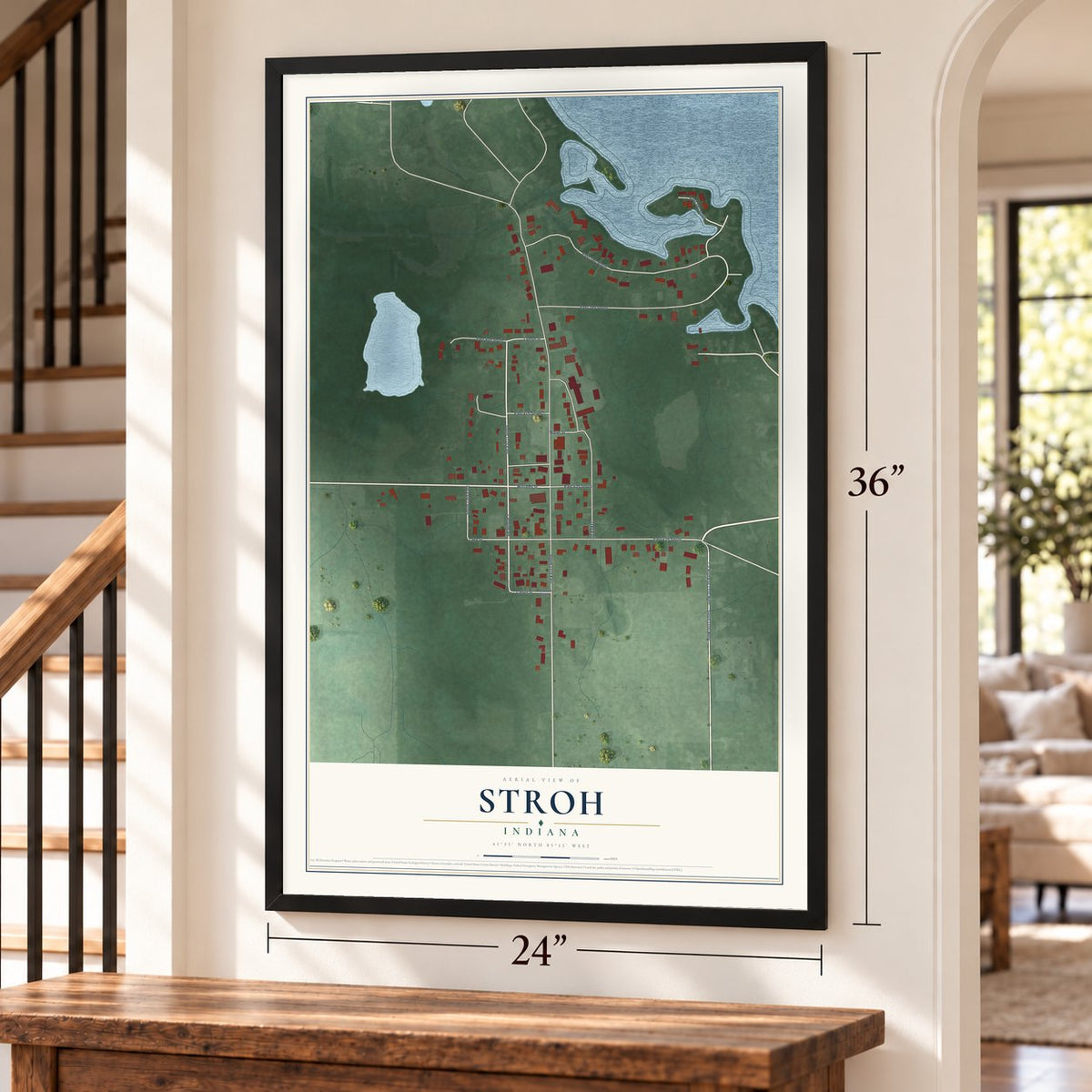 Stroh, Indiana map, 24 x 36 inch print in a black frame by a staircase