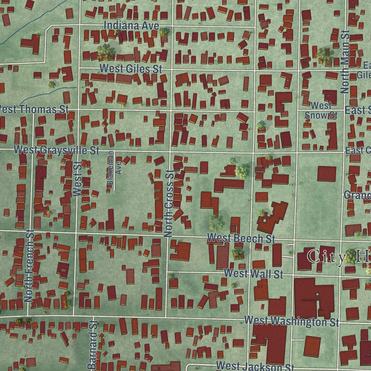 Close-up of the map of Sullivan, Indiana print showing street and building detail