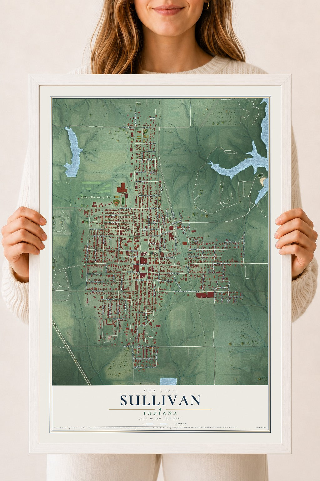 Map of Sullivan, Indiana, 18 x 24 inch print in a white wood frame