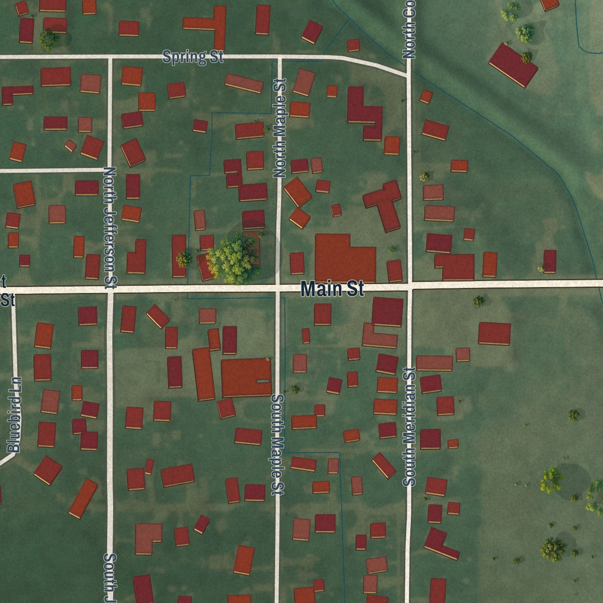 Close-up of the map of Sulphur Springs, Indiana print showing street and building detail