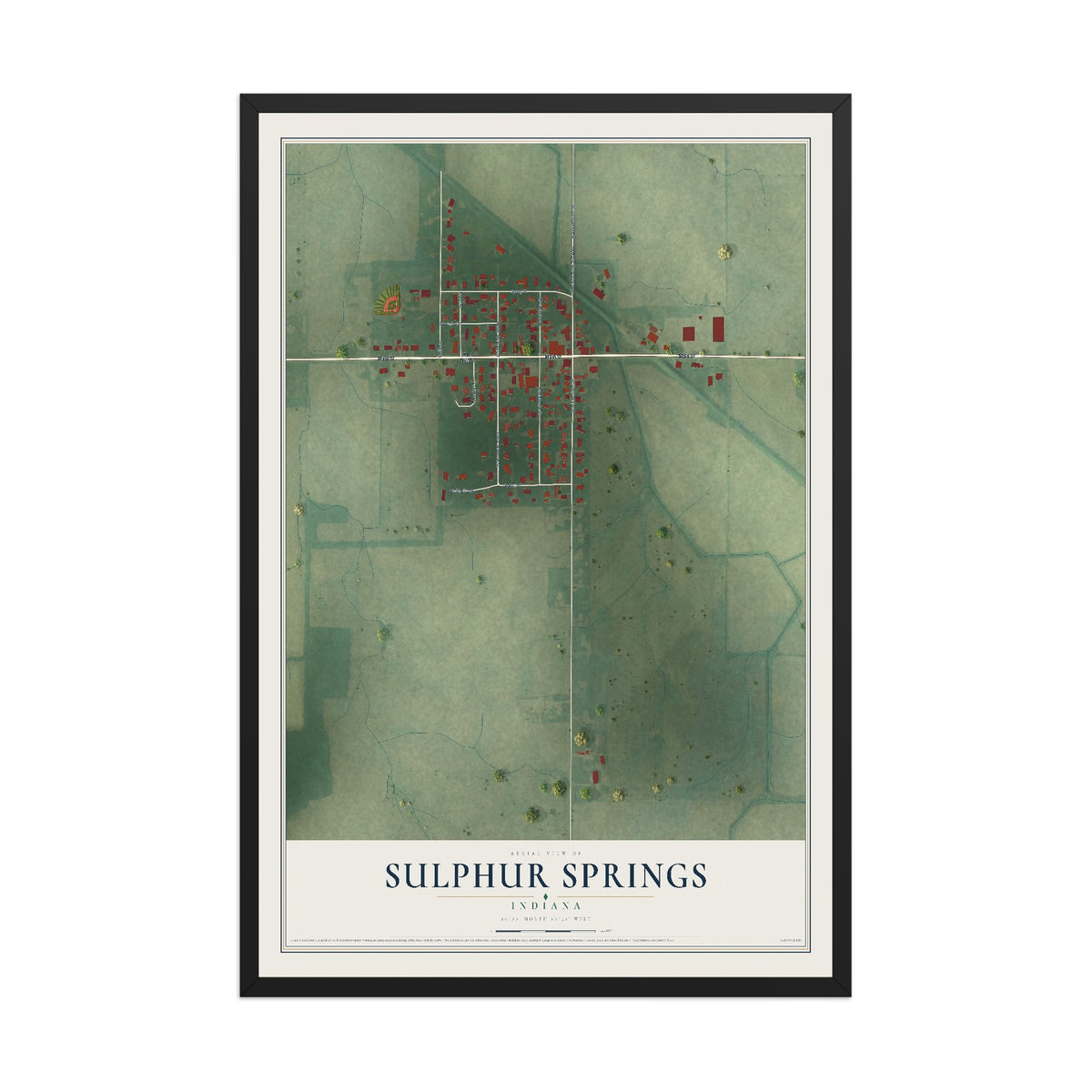 Map of Sulphur Springs, Indiana, 12 x 18 inch print in a black wood frame