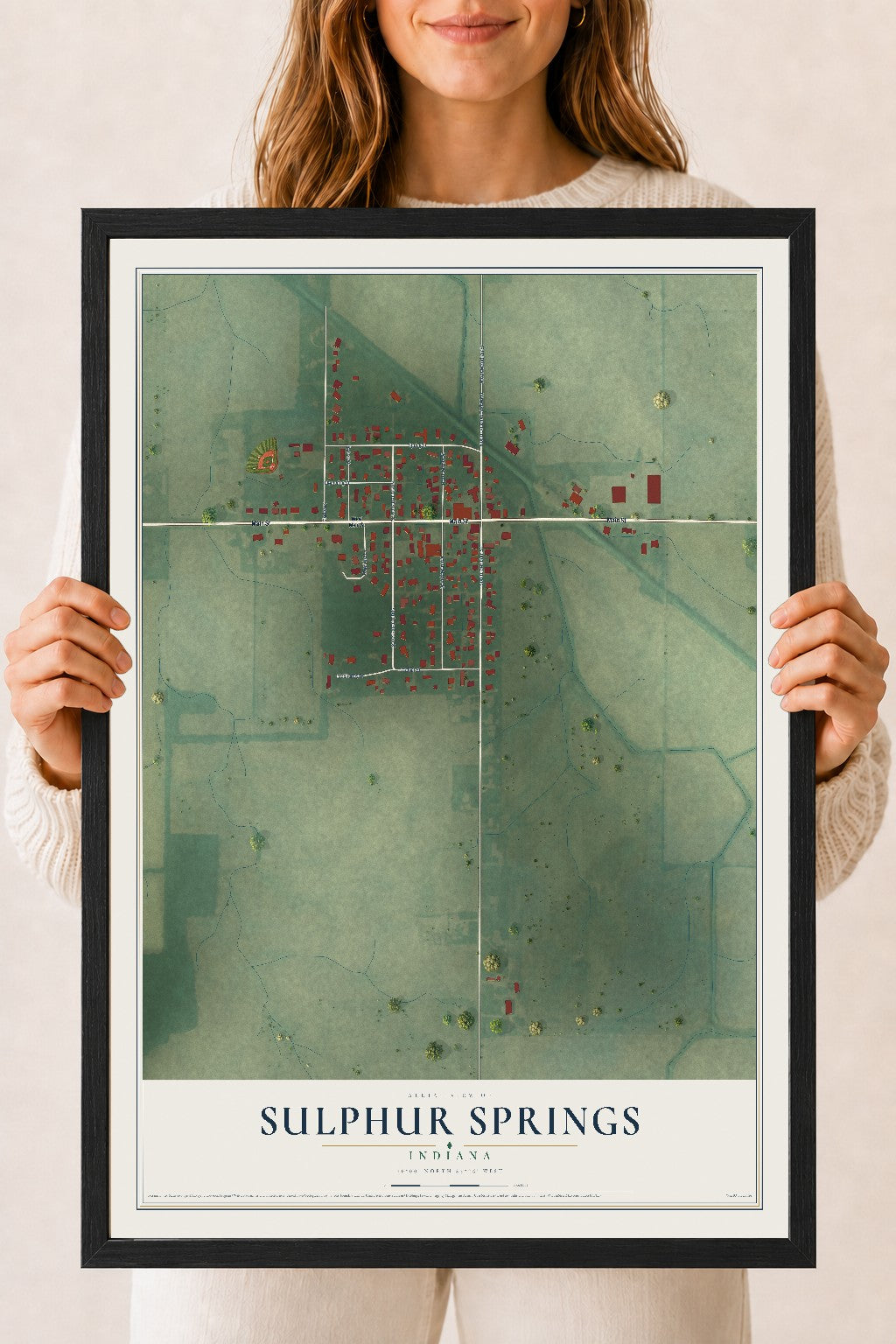 Map of Sulphur Springs, Indiana, 18 x 24 inch print in a black wood frame