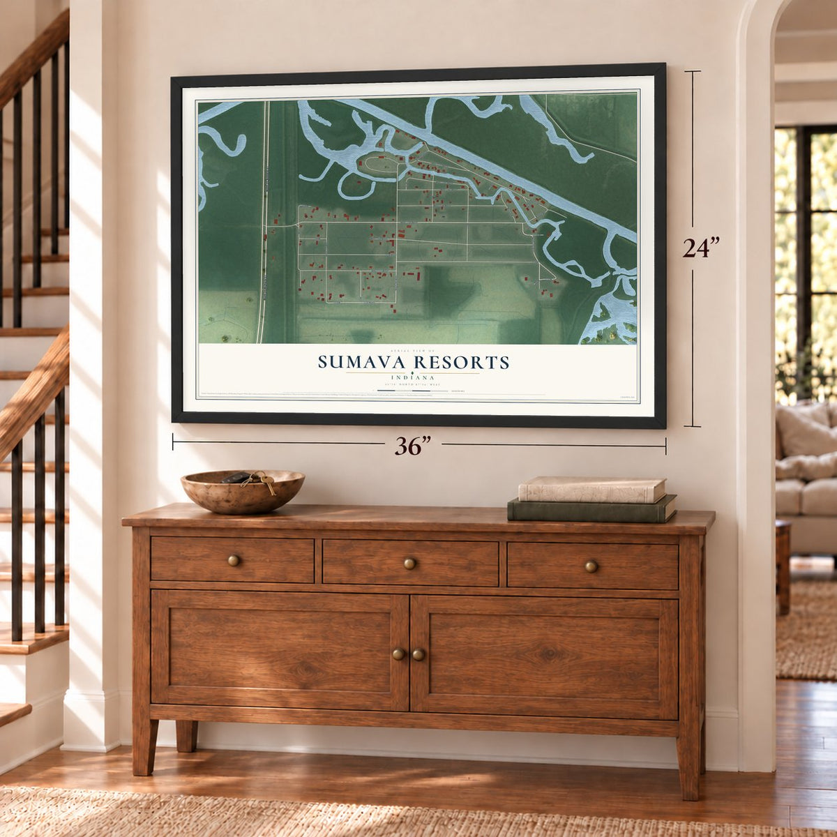 Sumava Resorts, Indiana map, 24 x 36 inch print in a black frame above a dresser by a staircase